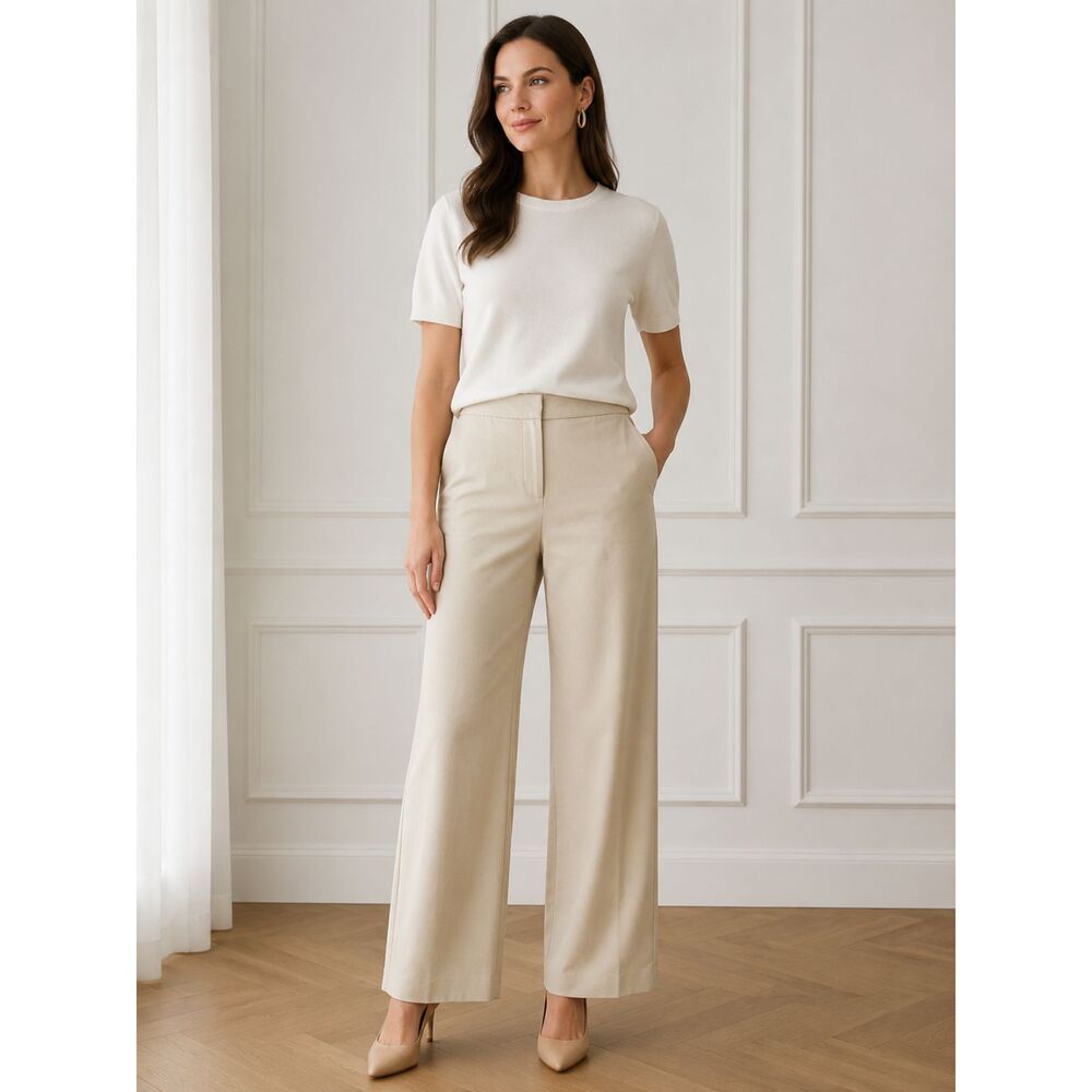 St. John Cream Wide-Leg Cropped Trouser Cotton Blend Low Rise Sz 4 Quiet Luxury